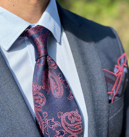 Silk Tie Set for Men - Wine and Navy. A Tie Exclusively Crafted for Gentlemen, Perfect for Every Occasion from Business Meetings to Dinners!