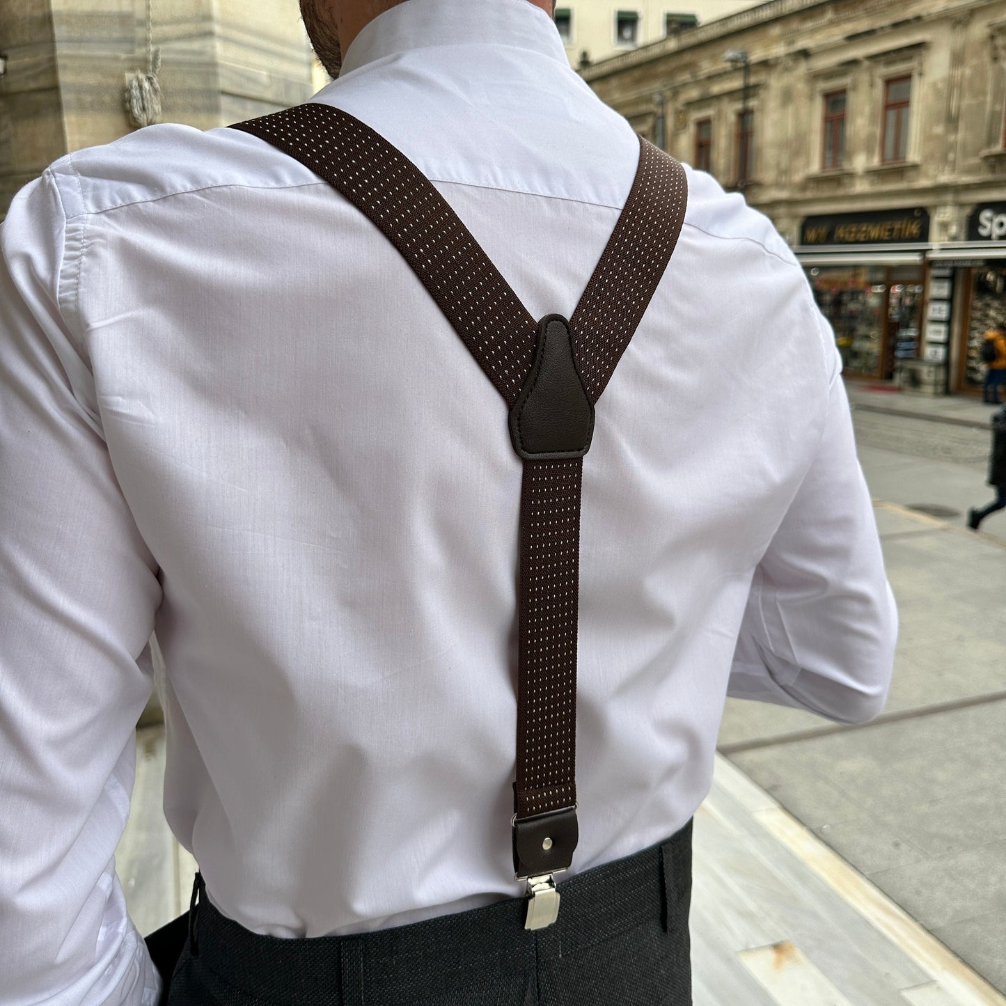 Custom Milky Brown Suspender with Chic White Polka Dots - Dark Brown with Caramel Polka Dots - Unique and Customizable Gift for Him.