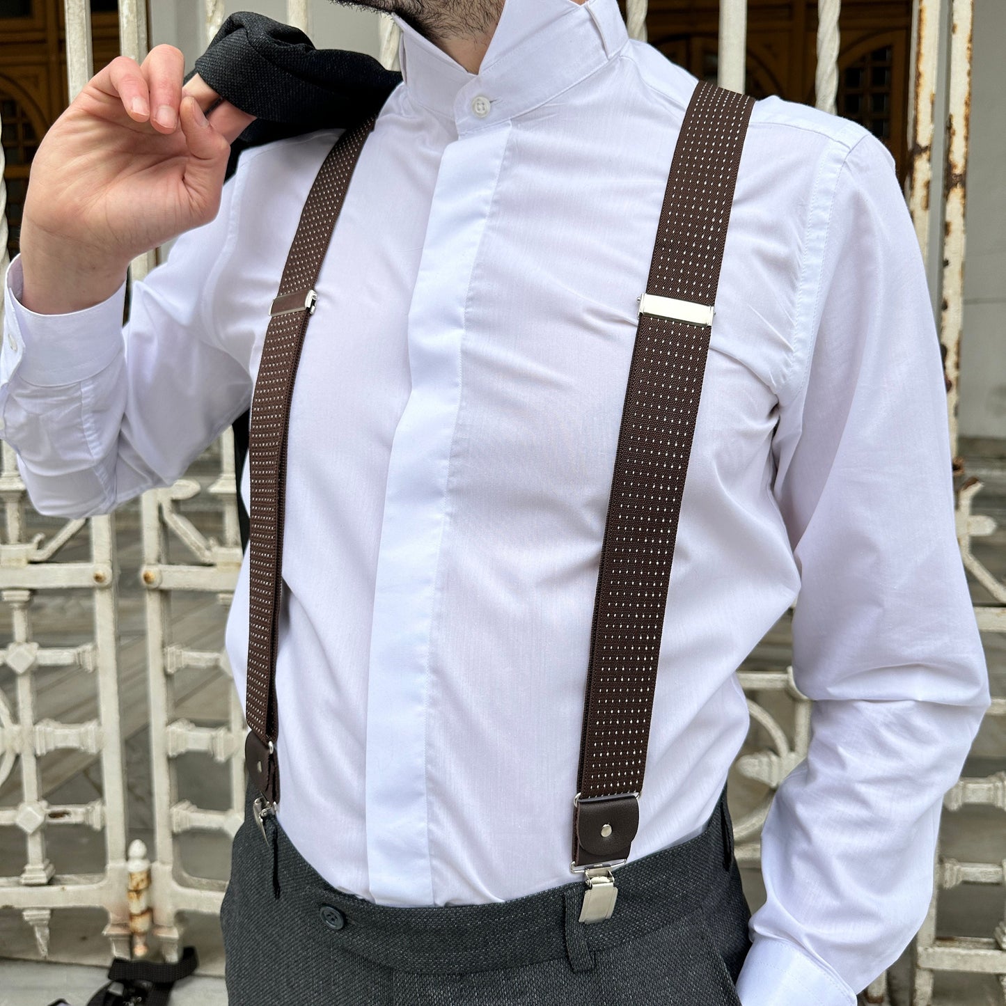 Custom Milky Brown Suspender with Chic White Polka Dots - Dark Brown with Caramel Polka Dots - Unique and Customizable Gift for Him.