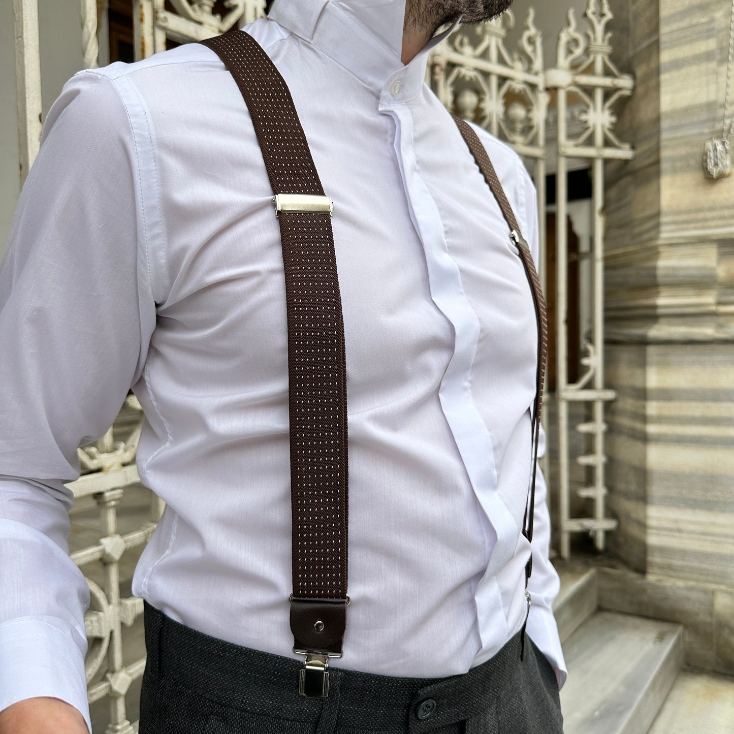 Custom Milky Brown Suspender with Chic White Polka Dots - Dark Brown with Caramel Polka Dots - Unique and Customizable Gift for Him.