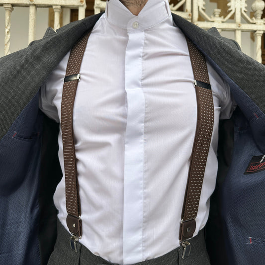 Custom Milky Brown Suspender with Chic White Polka Dots - Dark Brown with Caramel Polka Dots - Unique and Customizable Gift for Him.