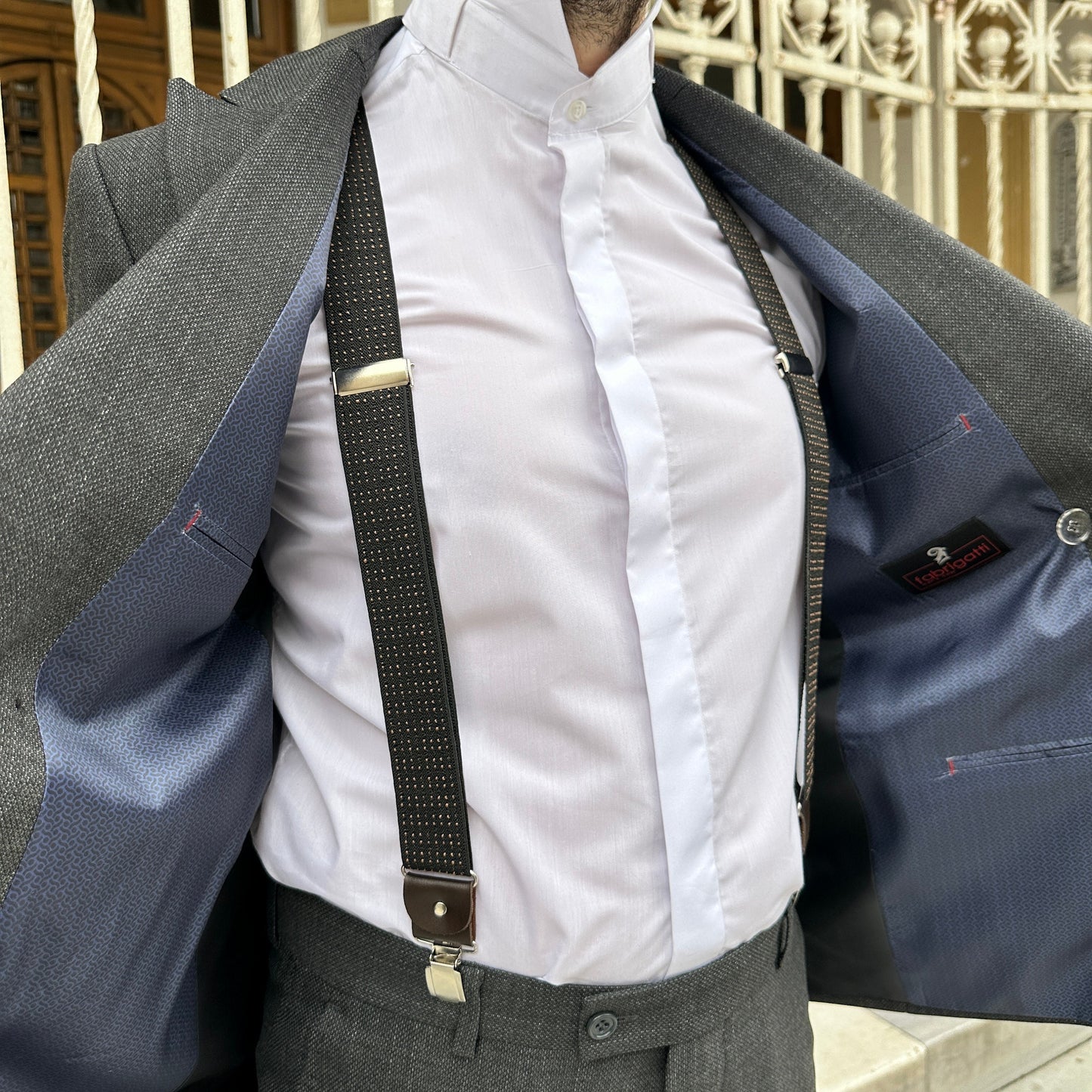 Custom Milky Brown Suspender with Chic White Polka Dots - Dark Brown with Caramel Polka Dots - Unique and Customizable Gift for Him.