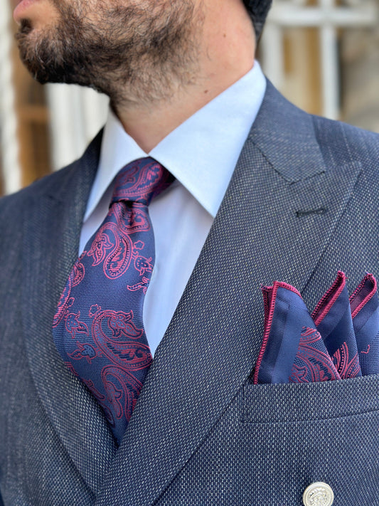 Silk Tie Set for Men - Wine and Navy. A Tie Exclusively Crafted for Gentlemen, Perfect for Every Occasion from Business Meetings to Dinners!