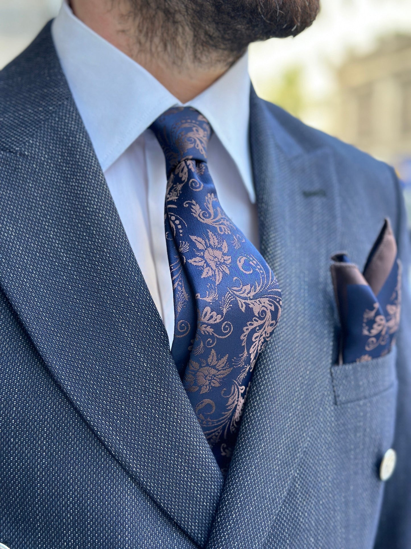Silk Floral Tie and Pocket Square Set - Navy and Green, Navy and Mocha Mousse, Black and Red Floral Tie Set for Men. Birthday Gift for Men.