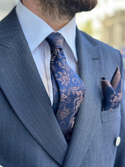 Silk Floral Tie and Pocket Square Set - Navy and Green, Navy and Mocha Mousse, Black and Red Floral Tie Set for Men. Birthday Gift for Men.