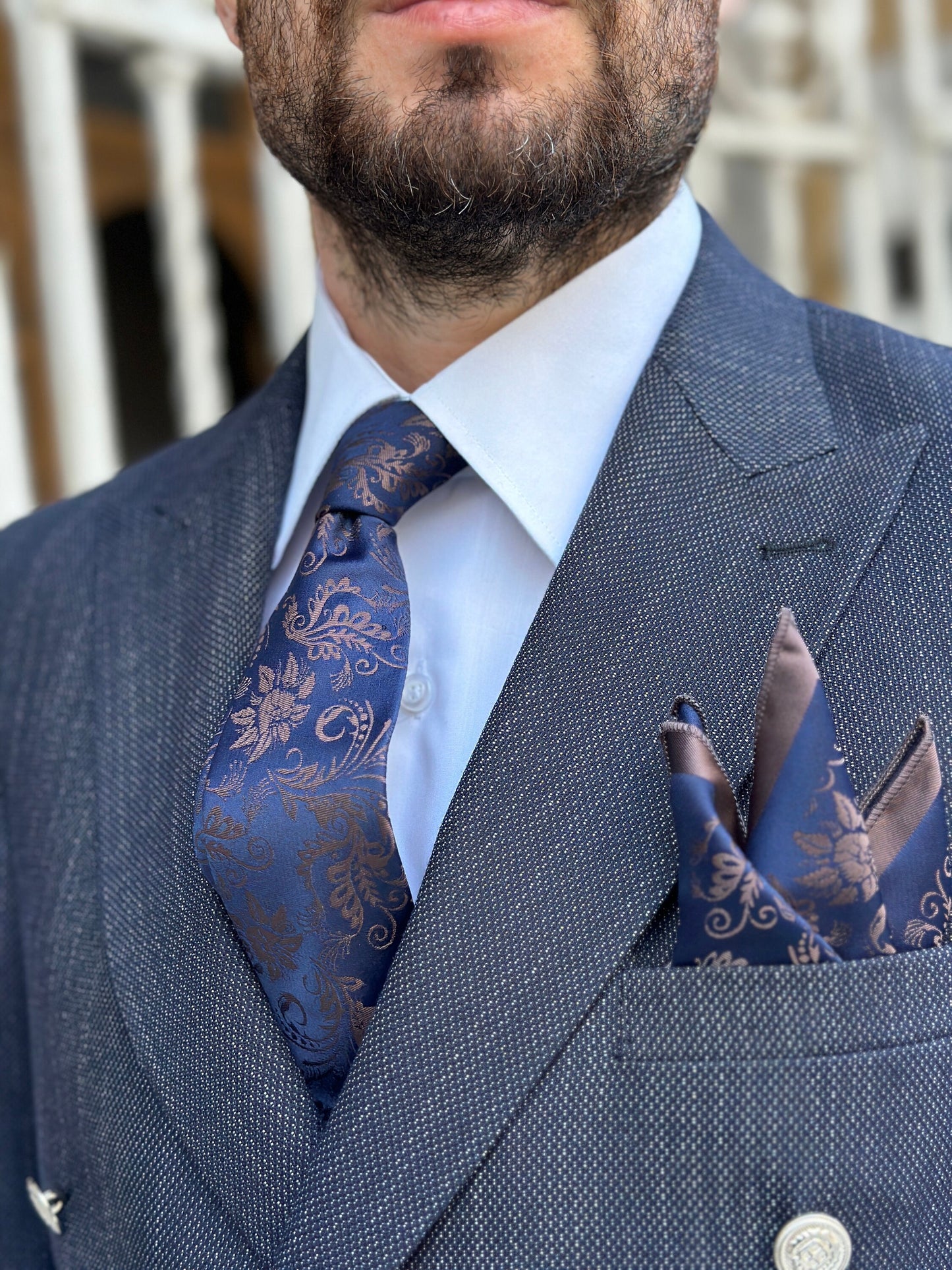 Silk Floral Tie and Pocket Square Set - Navy and Green, Navy and Mocha Mousse, Black and Red Floral Tie Set for Men. Birthday Gift for Men.