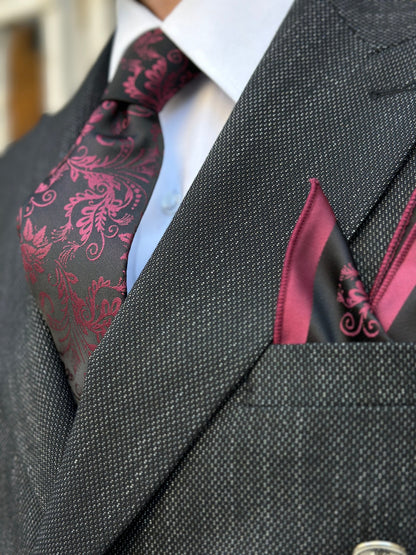 Silk Floral Tie and Pocket Square Set - Navy and Green, Navy and Mocha Mousse, Black and Red Floral Tie Set for Men. Birthday Gift for Men.