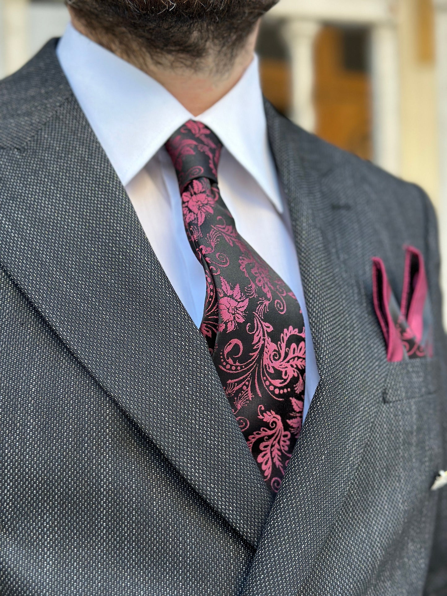 Silk Floral Tie and Pocket Square Set - Navy and Green, Navy and Mocha Mousse, Black and Red Floral Tie Set for Men. Birthday Gift for Men.