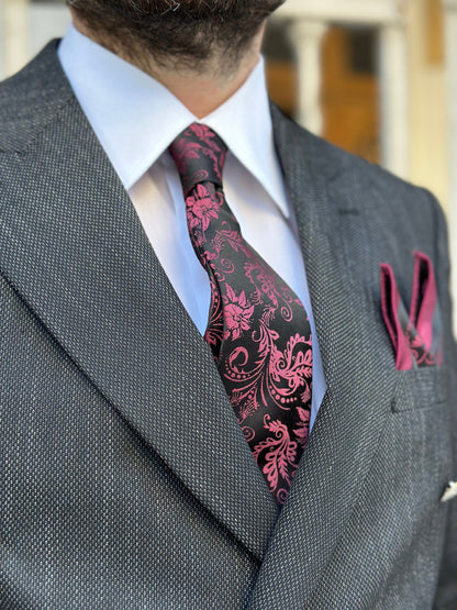 Silk Floral Tie and Pocket Square Set - Navy and Green, Navy and Mocha Mousse, Black and Red Floral Tie Set for Men. Birthday Gift for Men.