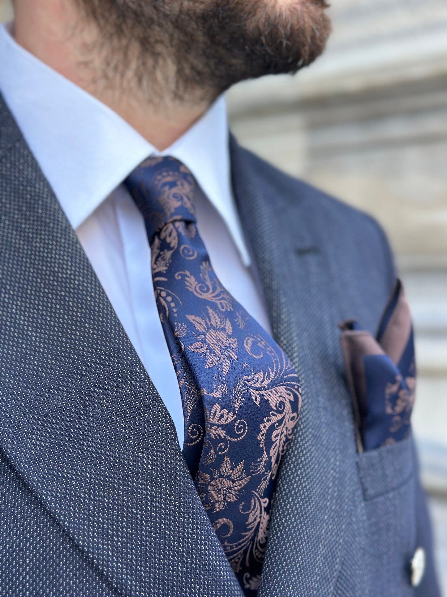 Silk Floral Tie and Pocket Square Set - Navy and Green, Navy and Mocha Mousse, Black and Red Floral Tie Set for Men. Birthday Gift for Men.