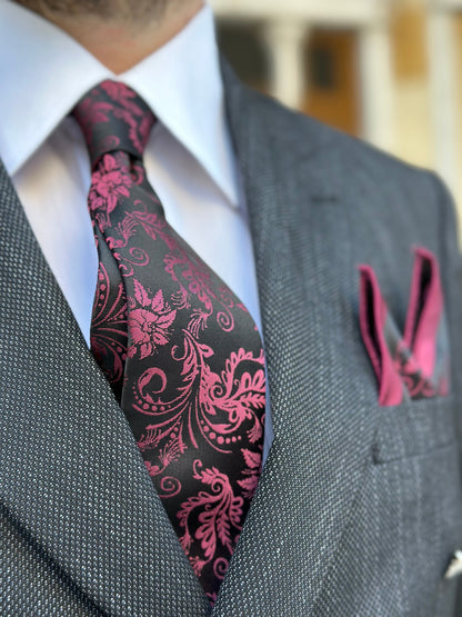 Silk Floral Tie and Pocket Square Set - Navy and Green, Navy and Mocha Mousse, Black and Red Floral Tie Set for Men. Birthday Gift for Men.