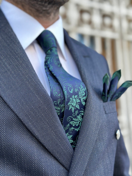 Silk Floral Tie and Pocket Square Set - Navy and Green, Navy and Mocha Mousse, Black and Red Floral Tie Set for Men. Birthday Gift for Men.