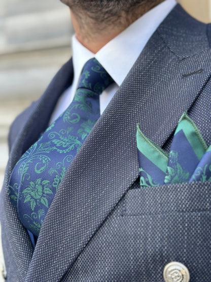 Silk Floral Tie and Pocket Square Set - Navy and Green, Navy and Mocha Mousse, Black and Red Floral Tie Set for Men. Birthday Gift for Men.