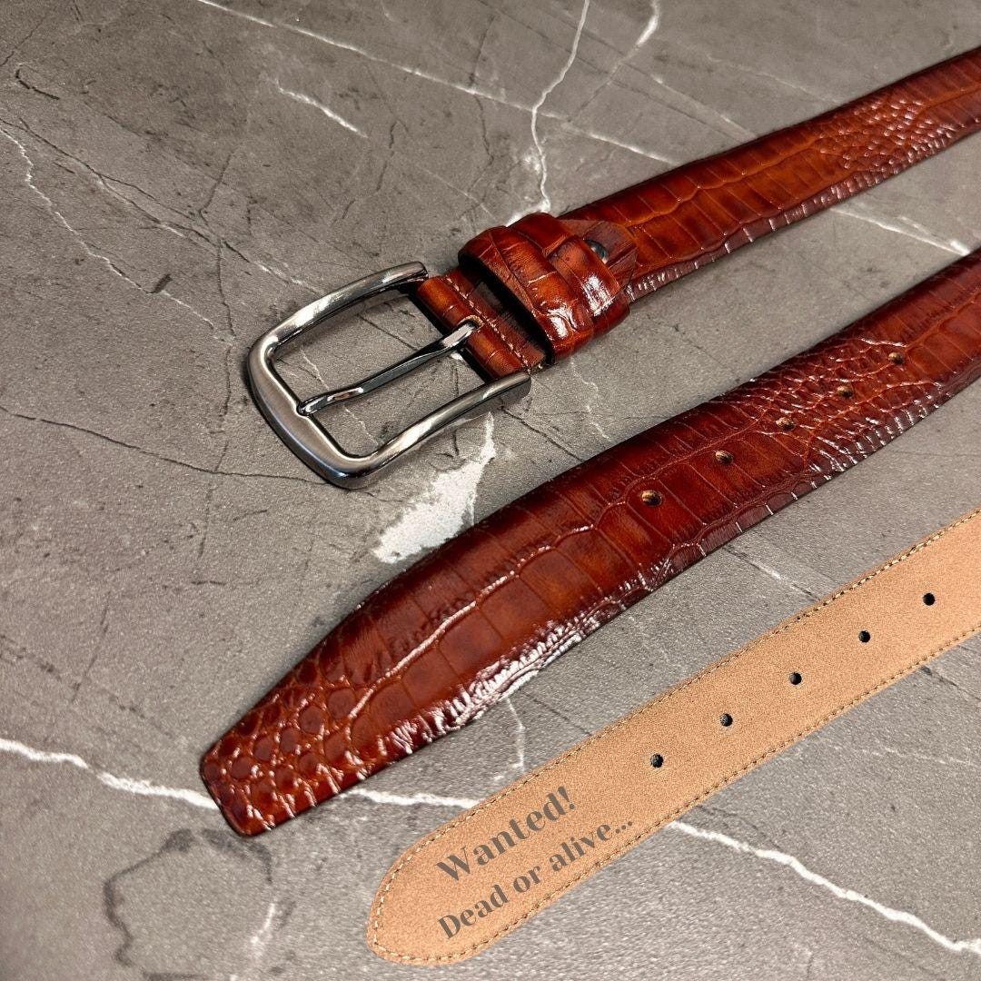 Premium Crocodile Leather Belt - Olive Green, Bloody Red, Caramel, Brown, Black, Tan, Fuchsia Leather Belts for Men. Unique Gift for Him.