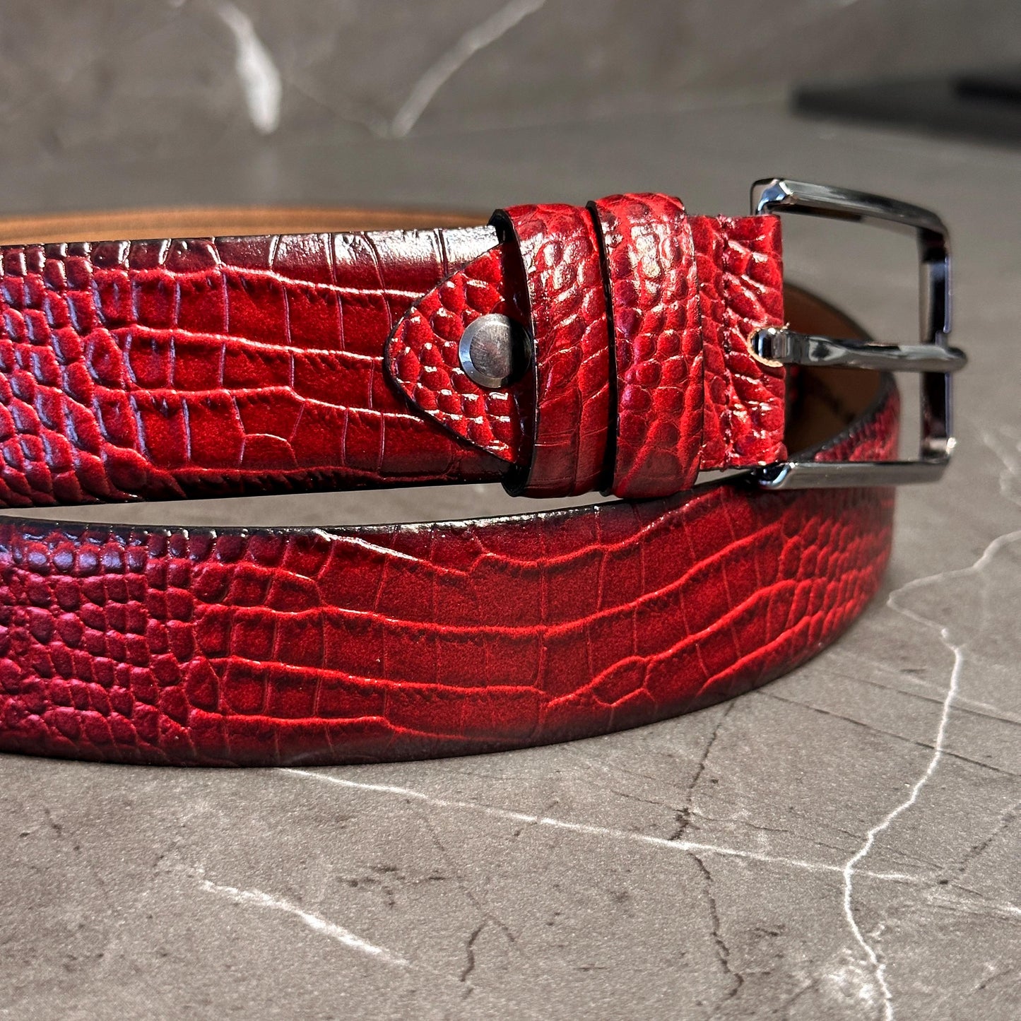 Premium Crocodile Leather Belt - Olive Green, Bloody Red, Caramel, Brown, Black, Tan, Fuchsia Leather Belts for Men. Unique Gift for Him.