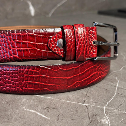 Premium Crocodile Leather Belt - Olive Green, Bloody Red, Caramel, Brown, Black, Tan, Fuchsia Leather Belts for Men. Unique Gift for Him.