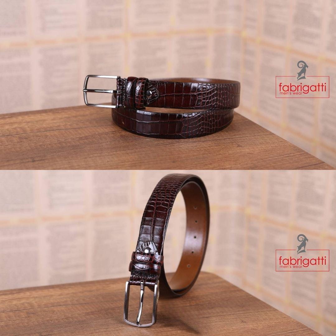 Premium Crocodile Leather Belt - Olive Green, Bloody Red, Caramel, Brown, Black, Tan, Fuchsia Leather Belts for Men. Unique Gift for Him.