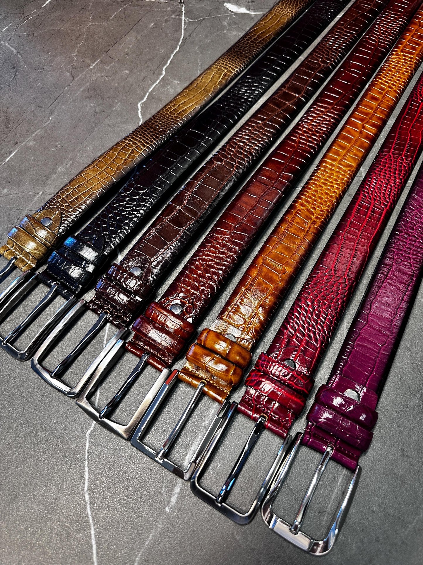 Premium Crocodile Leather Belt - Olive Green, Bloody Red, Caramel, Brown, Black, Tan, Fuchsia Leather Belts for Men. Unique Gift for Him.