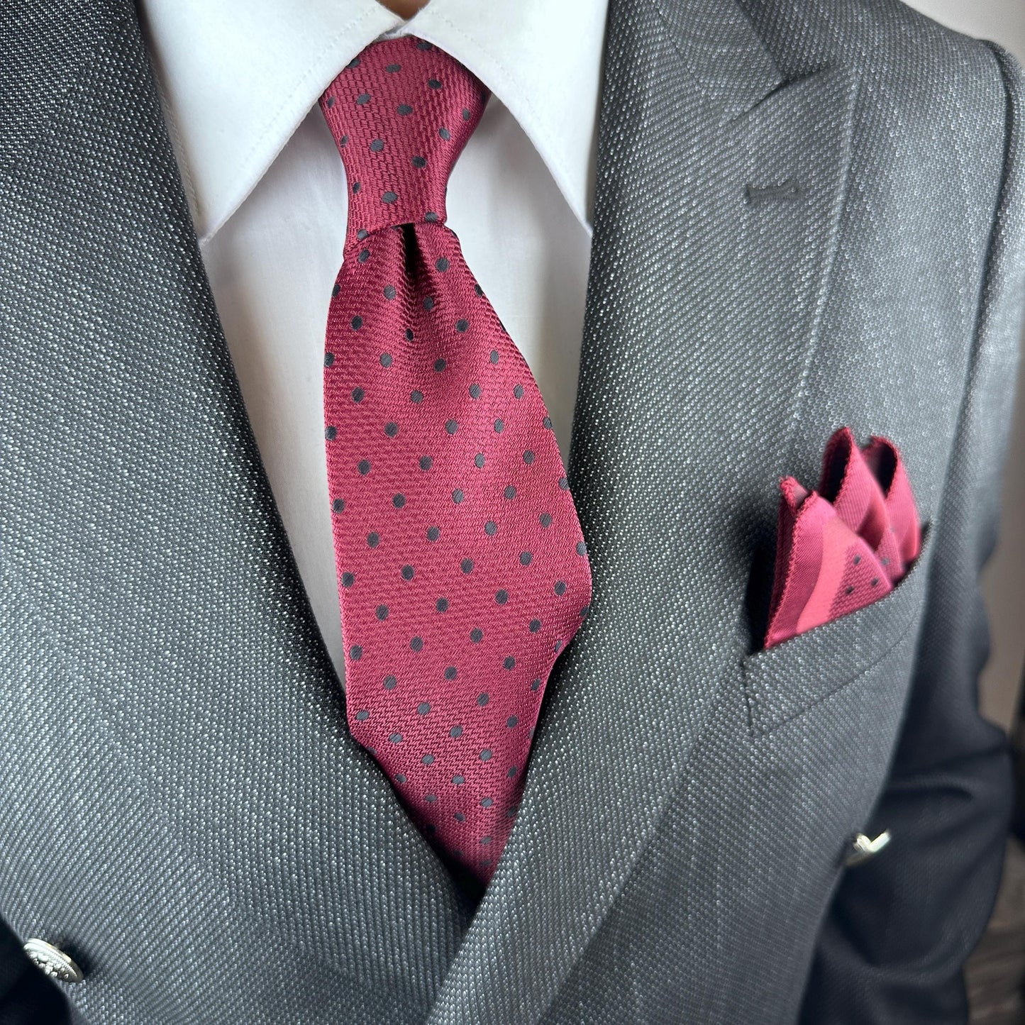Polka Dot Silk Blend Tie Set  Burgundy or Black with Pocket Square | Elegant Gift for Dad, Groom, or Stylish Men. Silk Handkerchief for Men
