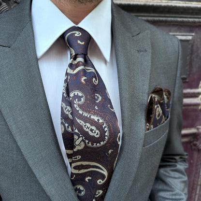 Handmade Paisley Silk Tie & Pocket Square Set, 7cm Narrow Tie, Silk in Brown with Turquoise or Navy with Tan, Luxury Gift for Him.