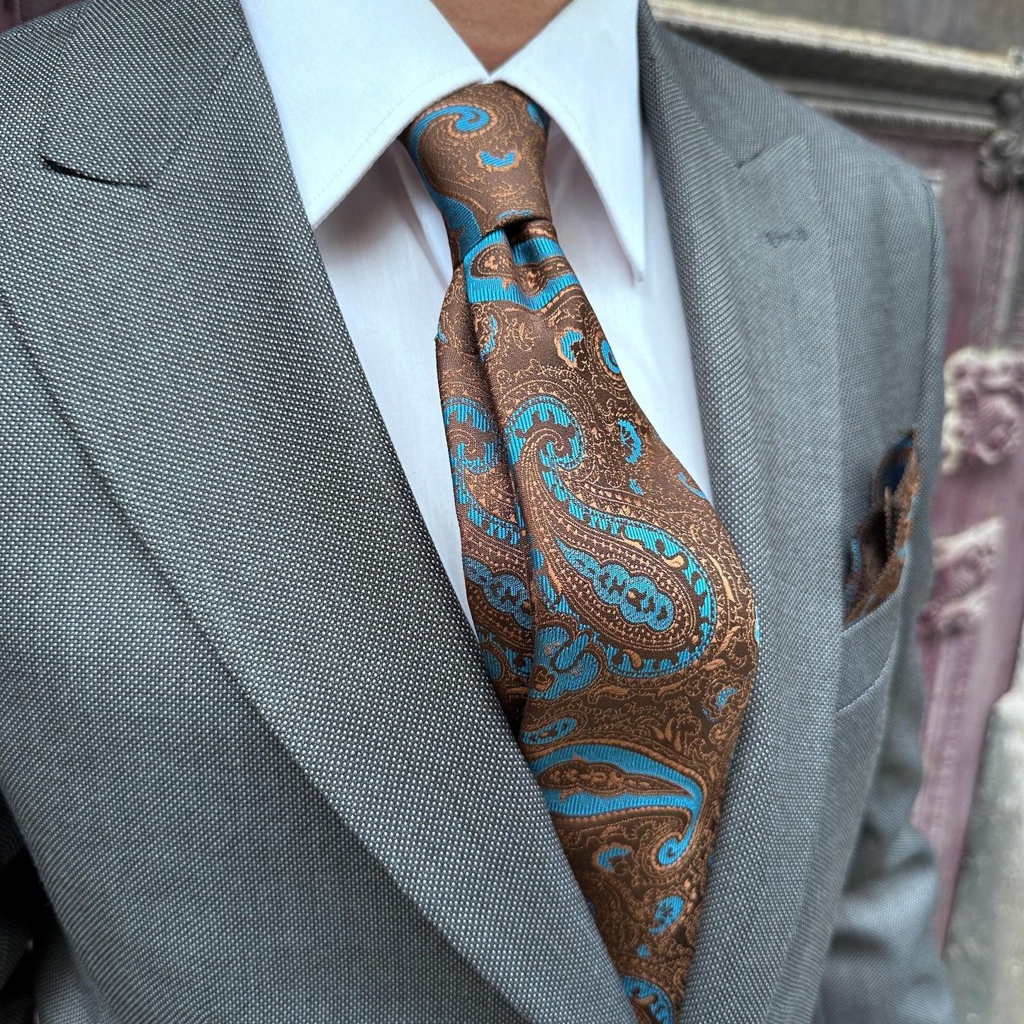 Handmade Paisley Silk Tie & Pocket Square Set, 7cm Narrow Tie, Silk in Brown with Turquoise or Navy with Tan, Luxury Gift for Him.