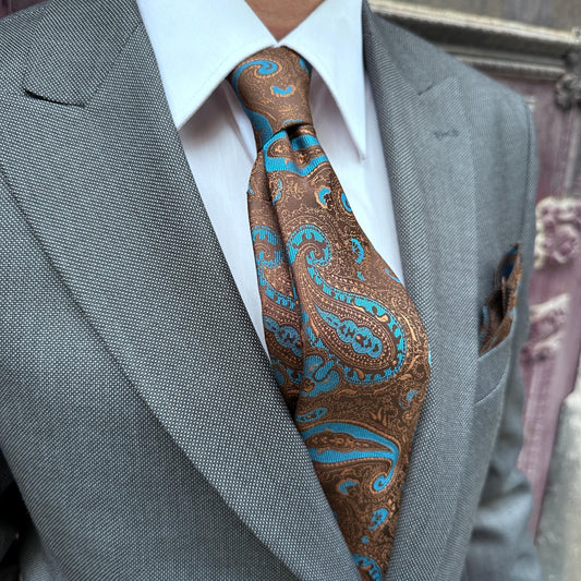 Handmade Paisley Silk Tie & Pocket Square Set, 7cm Narrow Tie, Silk in Brown with Turquoise or Navy with Tan, Luxury Gift for Him.