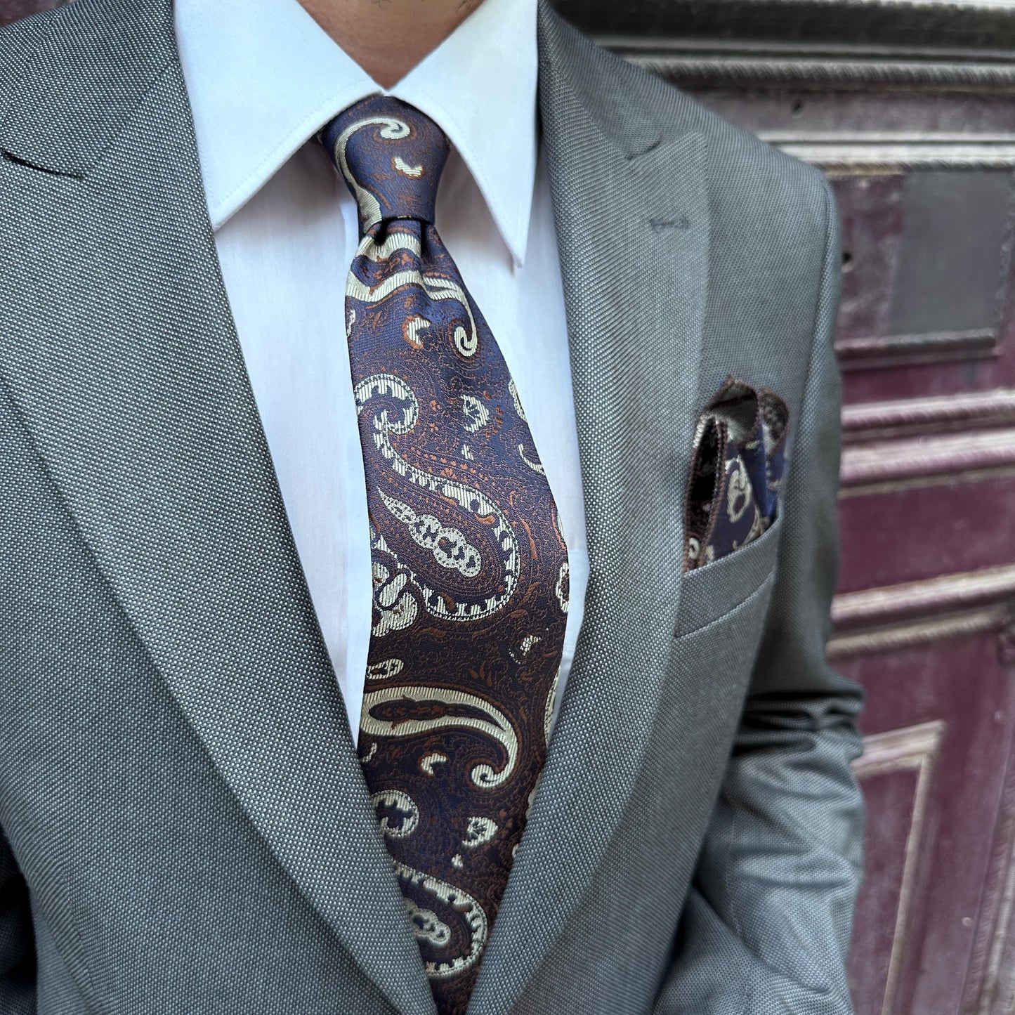 Handmade Paisley Silk Tie & Pocket Square Set, 7cm Narrow Tie, Silk in Brown with Turquoise or Navy with Tan, Luxury Gift for Him.