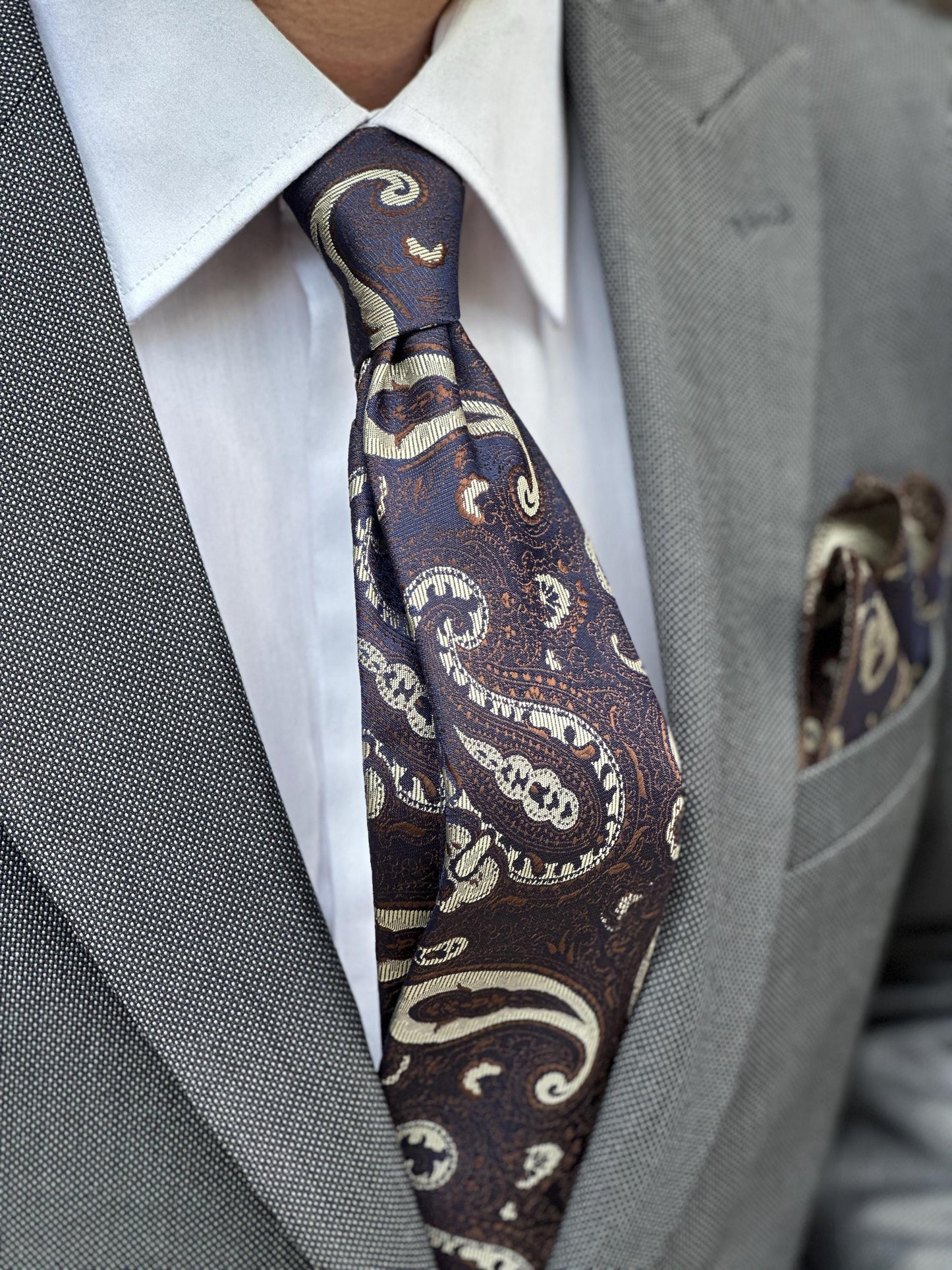 Handmade Paisley Silk Tie & Pocket Square Set, 7cm Narrow Tie, Silk in Brown with Turquoise or Navy with Tan, Luxury Gift for Him.