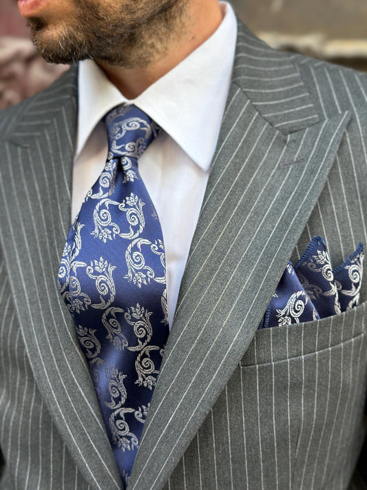 Artisan Silk Tie & Pocket Square Set | Heirloom Damask Motif | Unique Color Palettes | A Timeless Accessory for the Refined Gentleman.