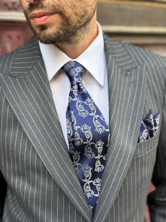 Artisan Silk Tie & Pocket Square Set | Heirloom Damask Motif | Unique Color Palettes | A Timeless Accessory for the Refined Gentleman.