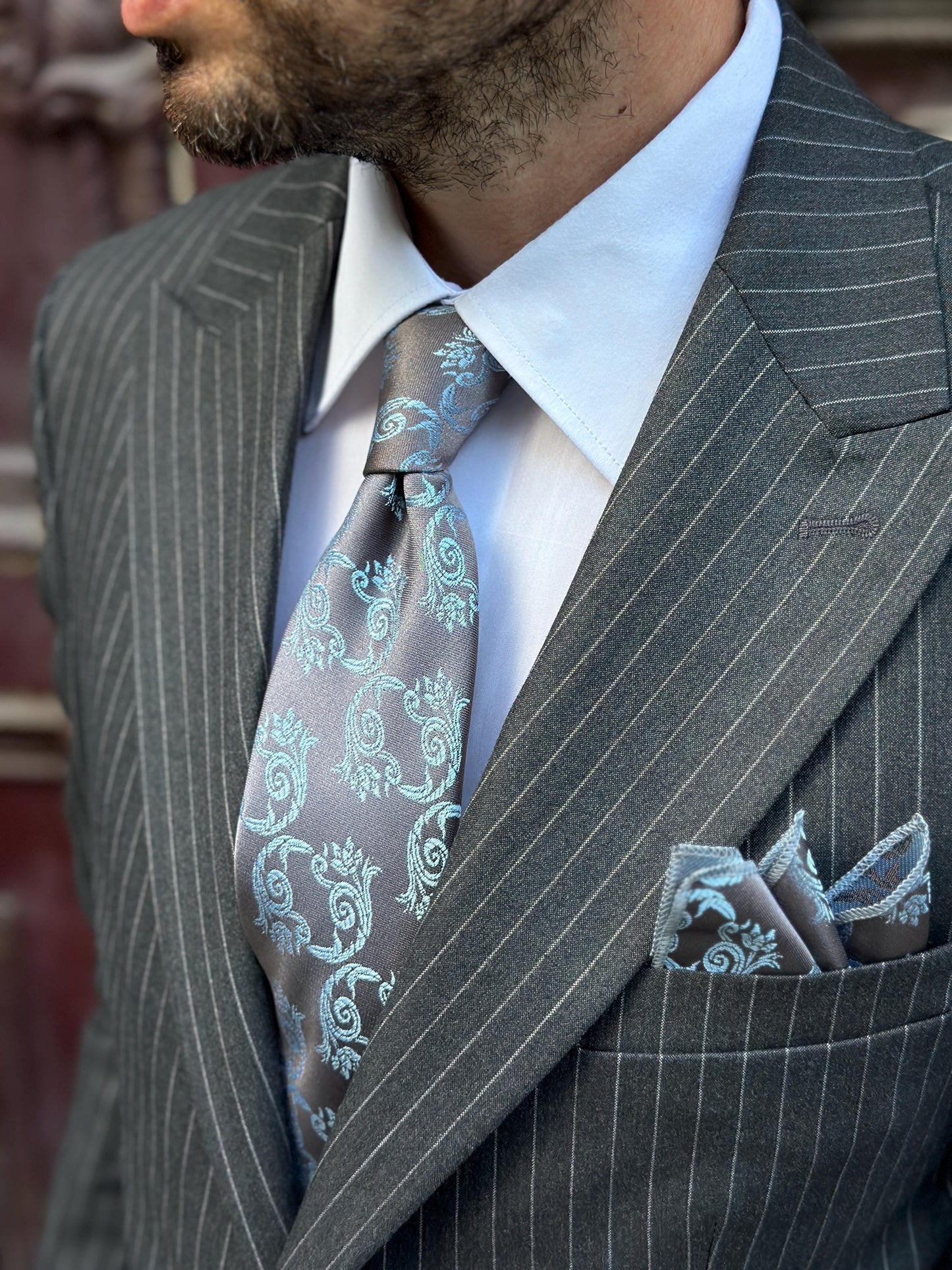 Artisan Silk Tie & Pocket Square Set | Heirloom Damask Motif | Unique Color Palettes | A Timeless Accessory for the Refined Gentleman.