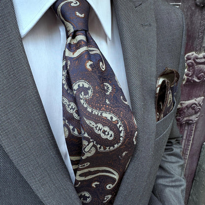 Handmade Paisley Silk Tie & Pocket Square Set, 7cm Narrow Tie, Silk in Brown with Turquoise or Navy with Tan, Luxury Gift for Him.