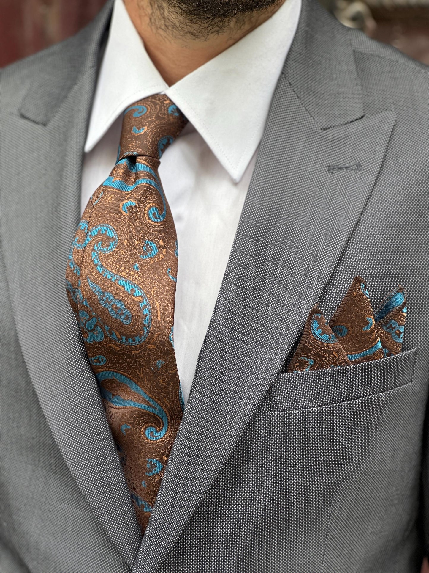 Handmade Paisley Silk Tie & Pocket Square Set, 7cm Narrow Tie, Silk in Brown with Turquoise or Navy with Tan, Luxury Gift for Him.