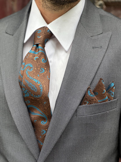 Handmade Paisley Silk Tie & Pocket Square Set, 7cm Narrow Tie, Silk in Brown with Turquoise or Navy with Tan, Luxury Gift for Him.