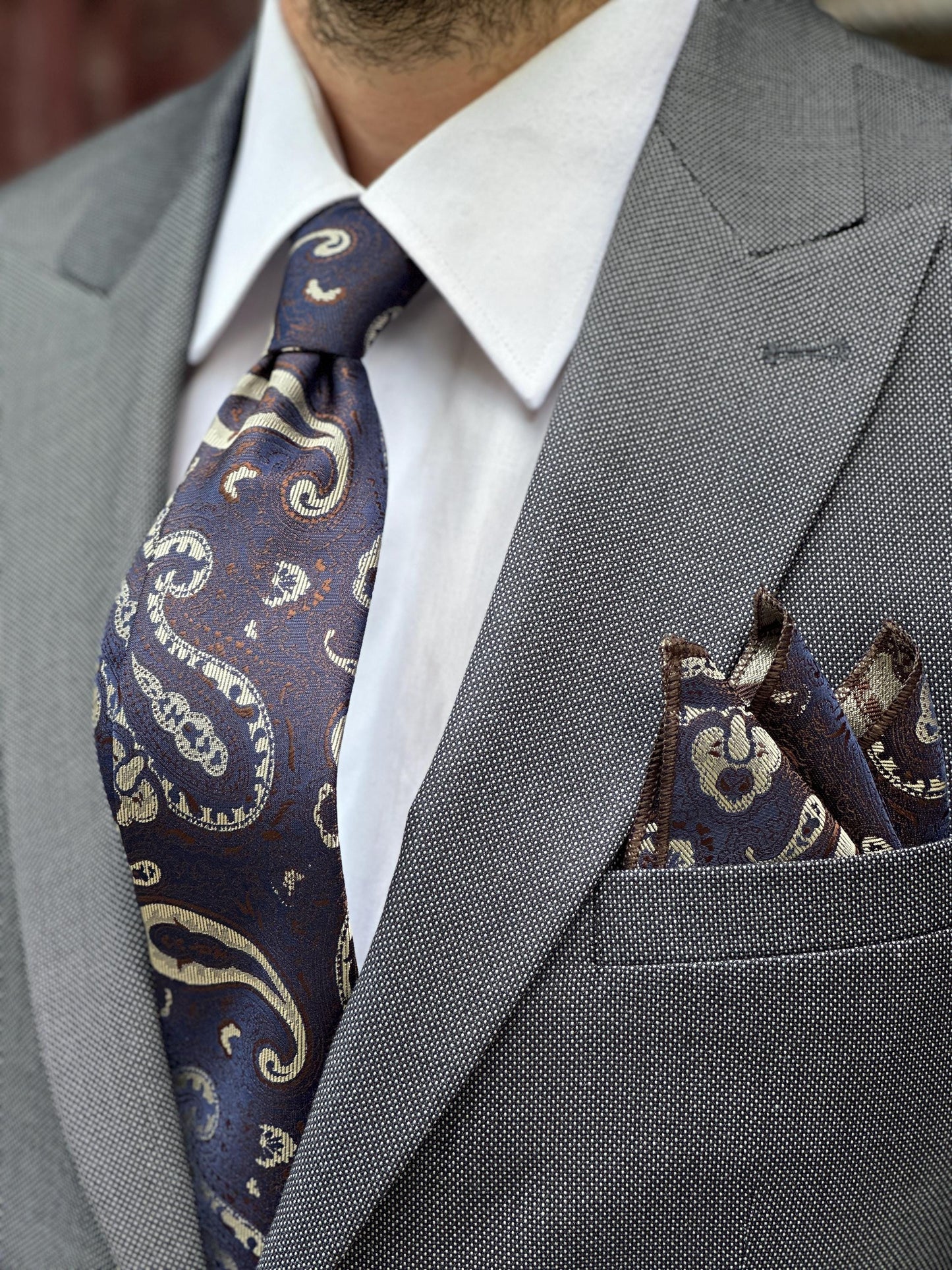 Handmade Paisley Silk Tie & Pocket Square Set, 7cm Narrow Tie, Silk in Brown with Turquoise or Navy with Tan, Luxury Gift for Him.