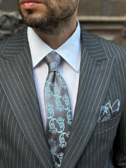 Artisan Silk Tie & Pocket Square Set | Heirloom Damask Motif | Unique Color Palettes | A Timeless Accessory for the Refined Gentleman.