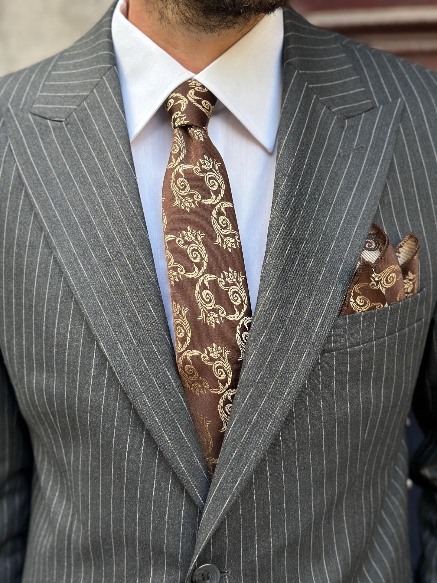 Artisan Silk Tie & Pocket Square Set | Heirloom Damask Motif | Unique Color Palettes | A Timeless Accessory for the Refined Gentleman.